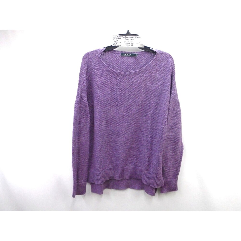 Ralph Lauren Womens Open Knit Sweater Size L Purple Cotton Wide Neck Ribbed Trim